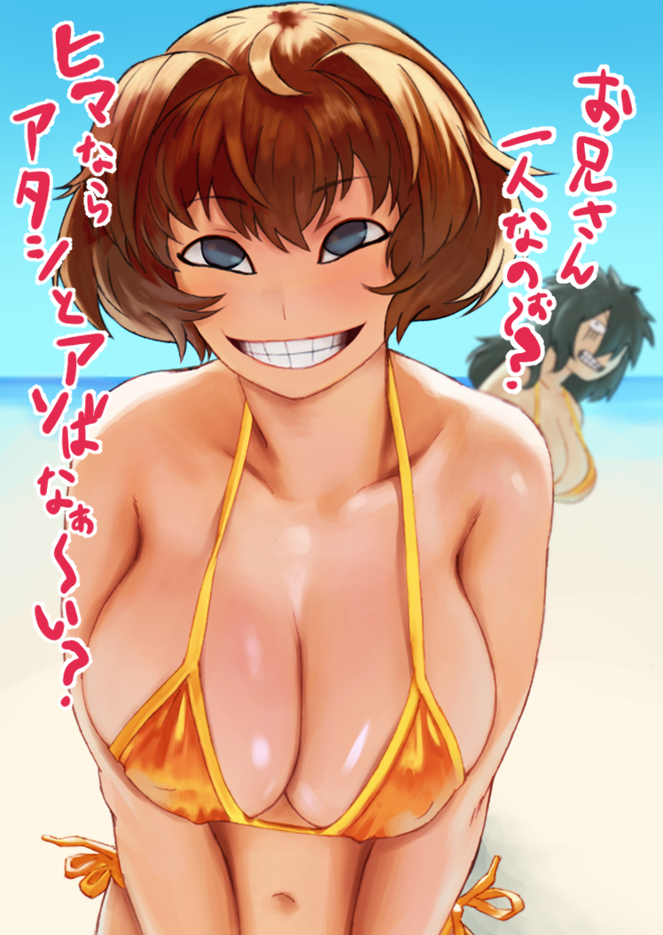 2girls, angry, bikini, black_hair, blue_eyes, blush, brown_hair, curvy, derivative_work, grin, hair_intakes, long_hair, looking_at_viewer, multiple_girls, narisokonai, navel, original, photo-referenced, sanpaku, short_hair, side-tie_bikini, smile, string_bikini, swimsuit, tessa_fowler, translated
