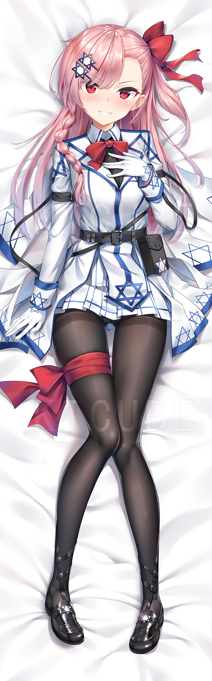 1girl, armlet, bangs, belt, black_footwear, black_legwear, blush, bow