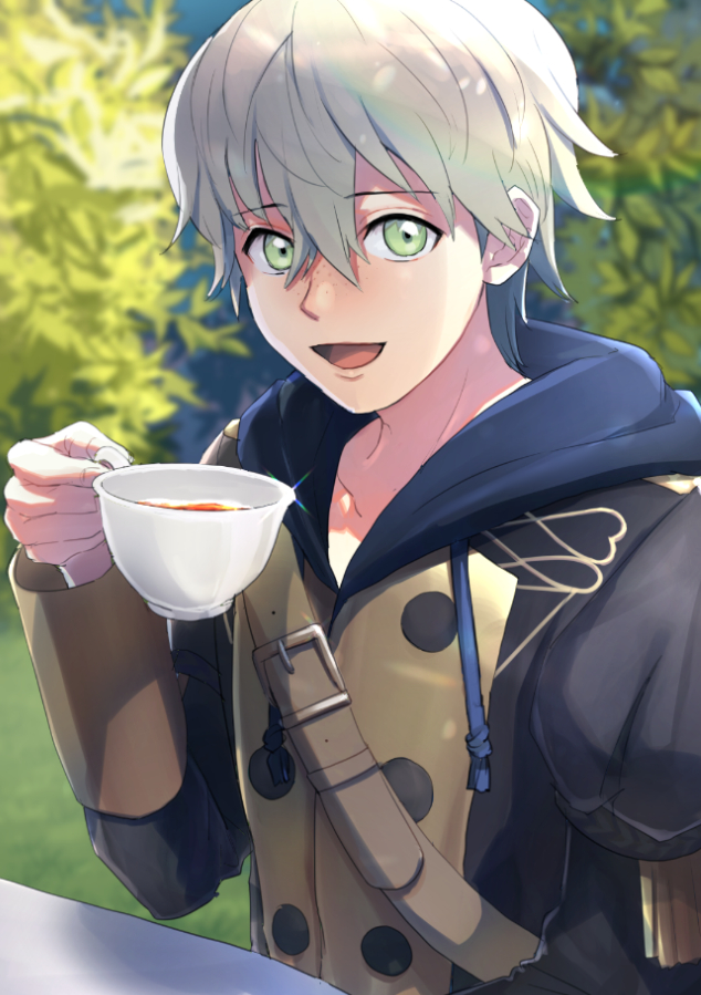 1boy, ashe_duran, cup, fire_emblem, fire_emblem:_three_houses, freckles, gameplay_mechanics, garreg_mach_monastery_uniform