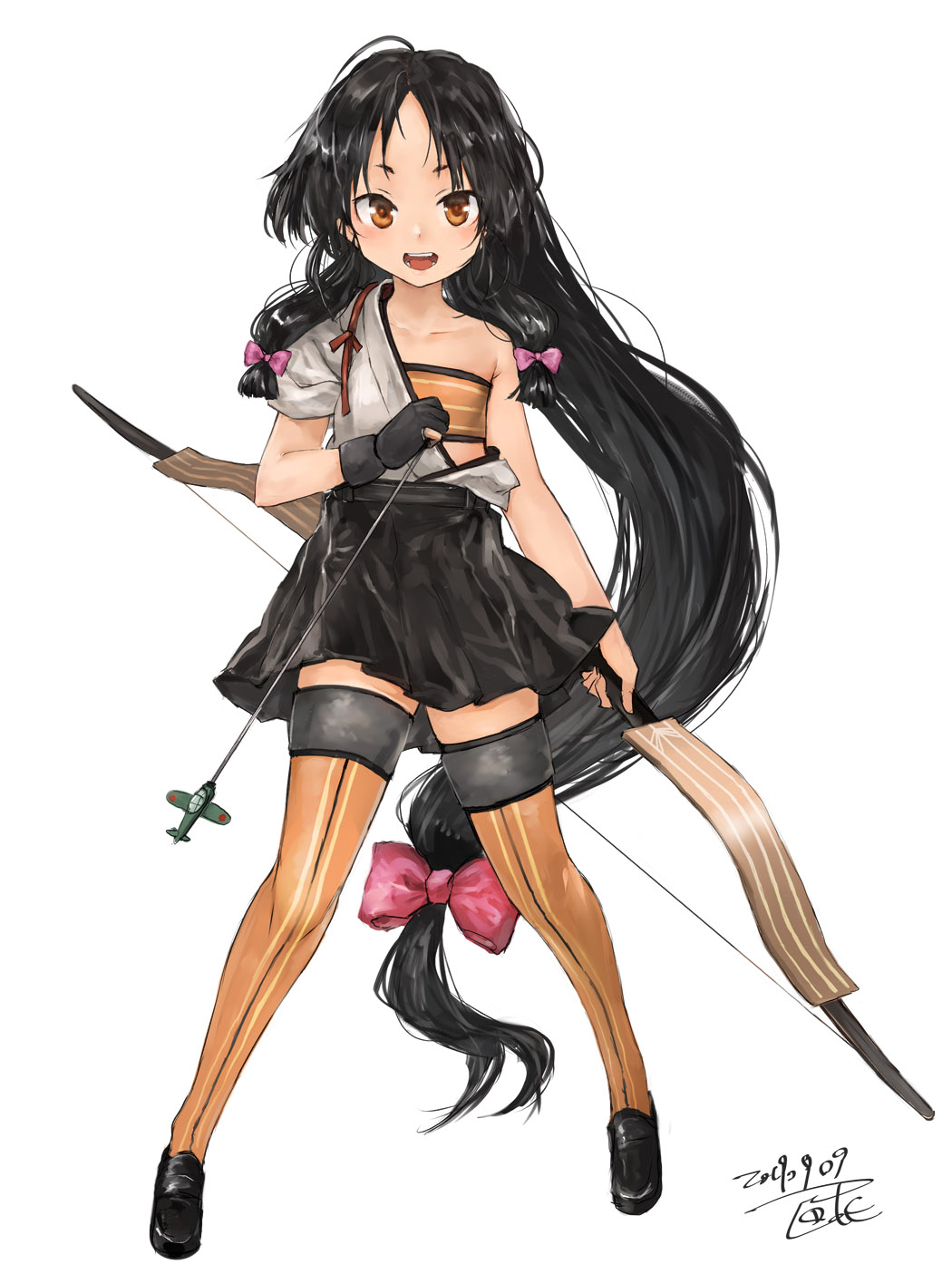 1girl, aircraft, airplane, bandeau, black_hair, black_skirt, blush, bow