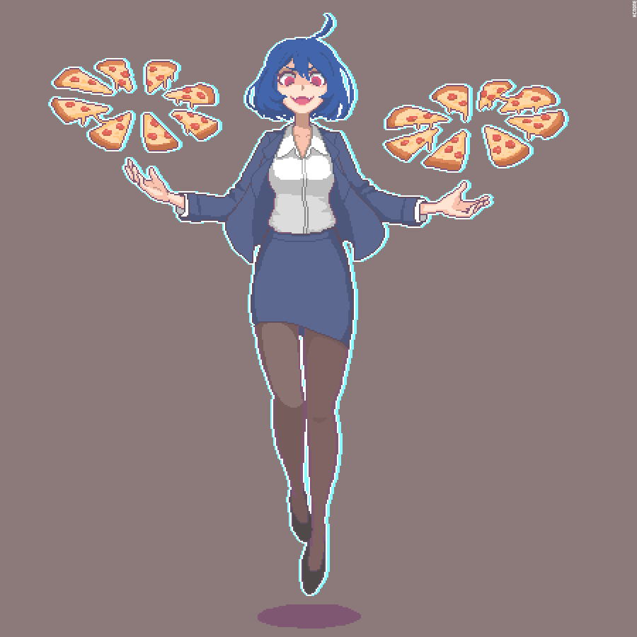 1girl, ahoge, blue_hair, brown_background, brown_legwear, collared_shirt, floating, food