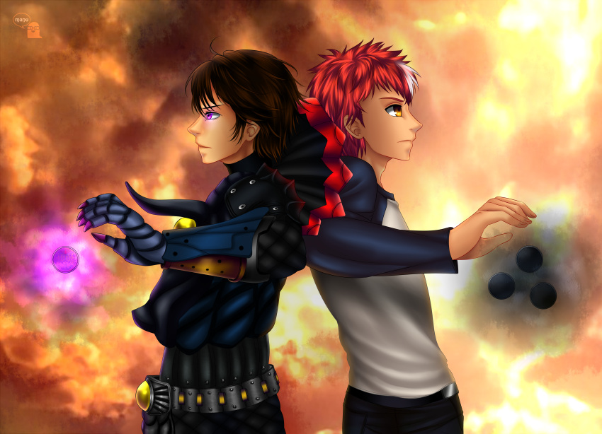 2boys, absurdres, ahoge, arm_up, brown_hair, clouds, cloudy_sky, commentary