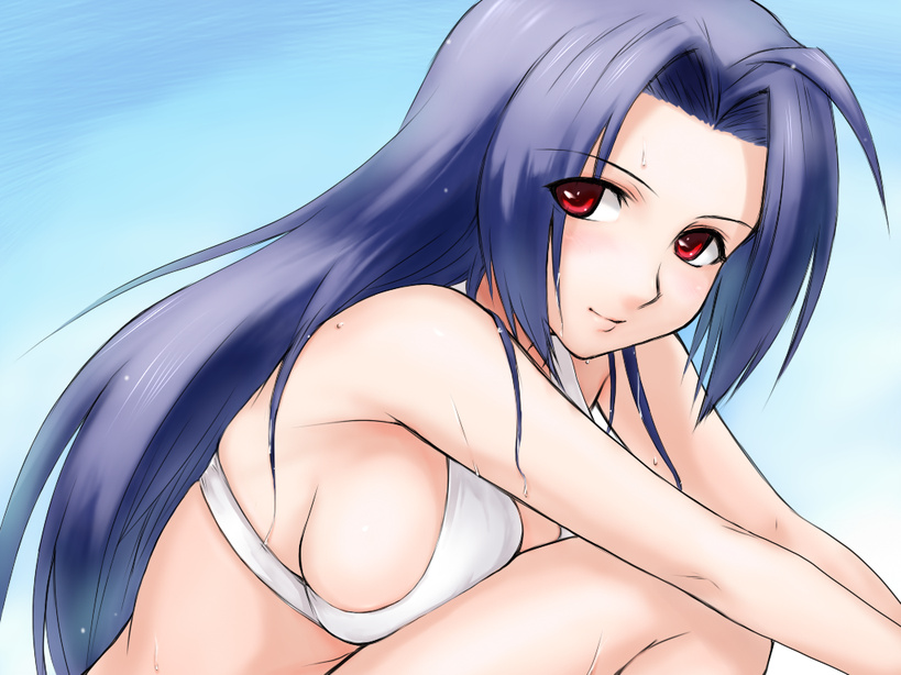 bikini, blue_hair, breasts, idolmaster, knee_hug, leg_hug, long_hair, miura_azusa