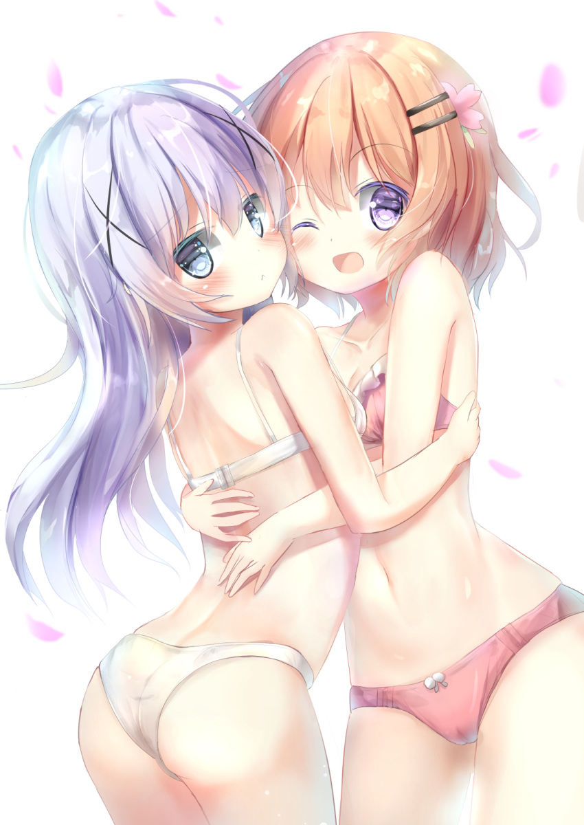 2girls, ;d, ass, bangs, bare_arms, bare_shoulders, blue_eyes, blue_hair