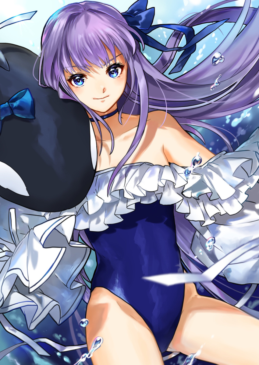 1girl, absurdres, bangs, bare_shoulders, blue_bow, blue_eyes, blue_ribbon, blue_swimsuit, bow, breasts, choker, closed_mouth, collarbone, fate/grand_order, fate_(series), frills, hair_between_eyes, hair_ribbon, highleg, highleg_swimsuit, highres, long_hair, long_sleeves, looking_at_viewer, meltryllis, meltryllis_(swimsuit_lancer)_(fate), nbata555, one-piece_swimsuit, orca, puffy_sleeves, purple_hair, ribbon, sleeves_past_fingers, sleeves_past_wrists, small_breasts, smile, solo, swimsuit, thighs, very_long_hair, water