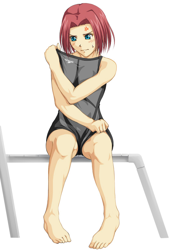 anger_vein, barefoot, blush, code_geass, feet, kallen_stadtfeld, one-piece_swimsuit, sitting
