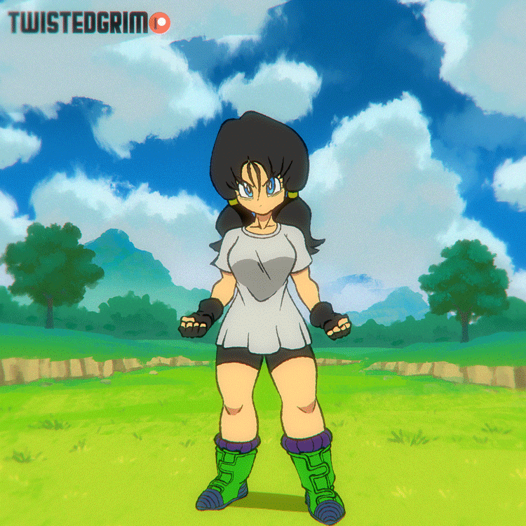 1girl, animated, bike_shorts, black_gloves, blue_eyes, blue_sky, boots, clouds, collarbone, dragon_ball, dragon_ball_z, fingerless_gloves, floating, gloves, grass, huge_filesize, looking_at_viewer, low_twintails, navel, serious, shirt, sky, solo, sports_bra, stomach, tree, twintails, twistedgrim, videl, white_shirt, wind, wind_lift