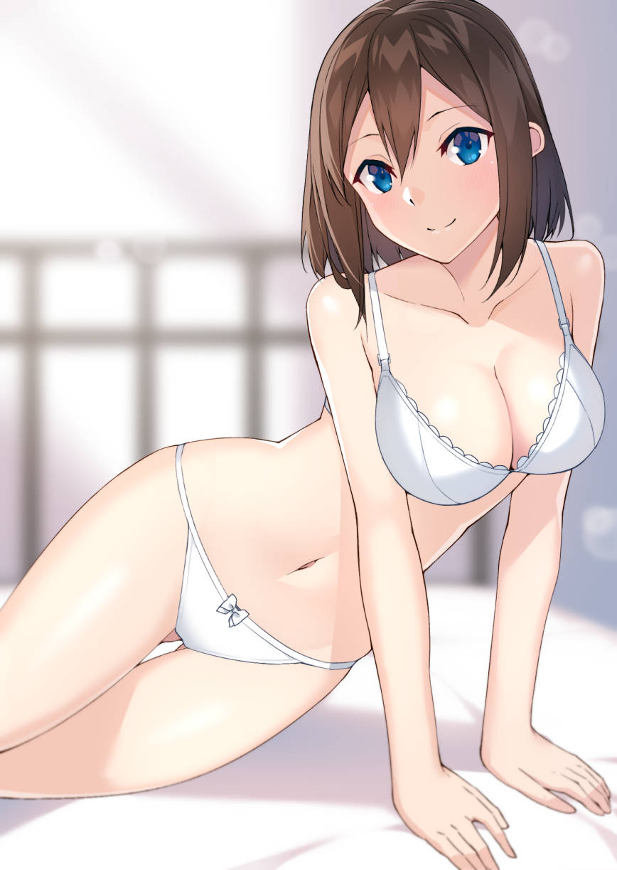 1girl, arm_support, ass_visible_through_thighs, bangs, bed, blue_eyes, blurry, blush