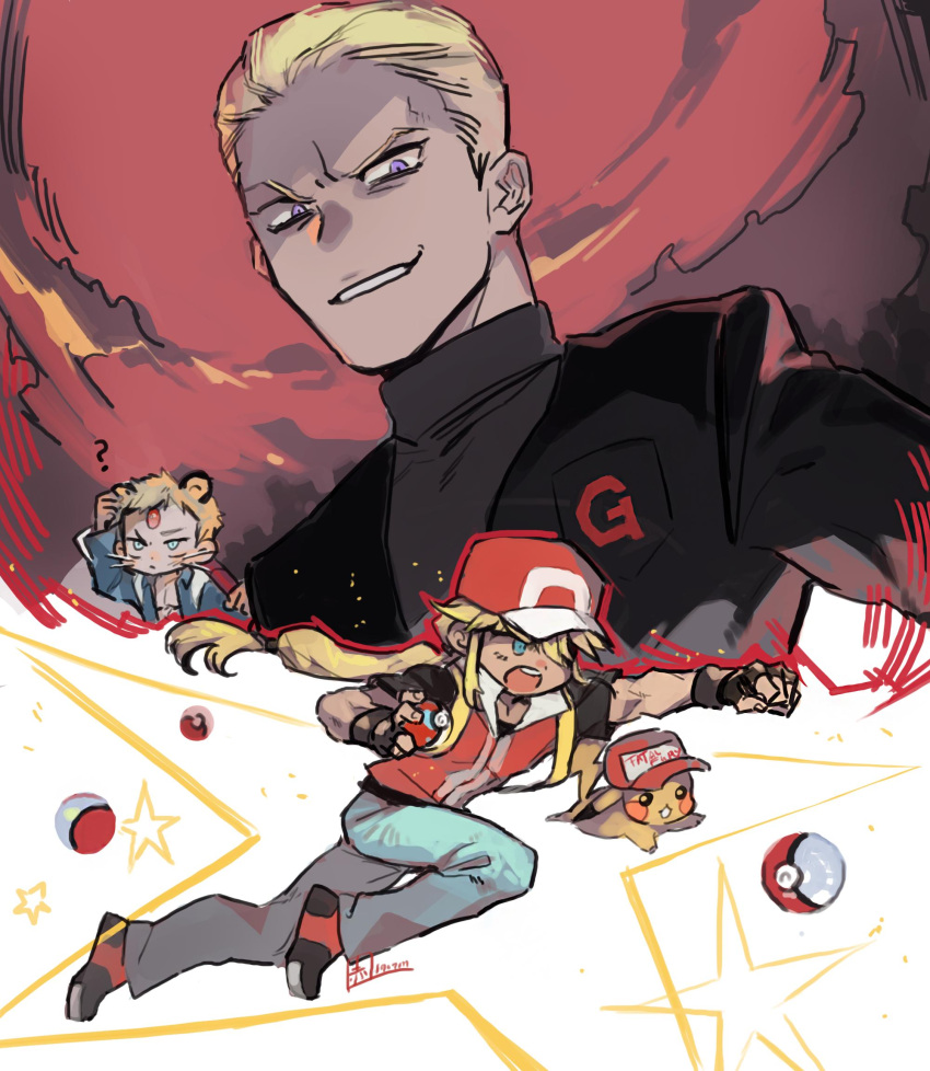 3boys, akame_(chokydaum), baseball_cap, billy_kane, blonde_hair, blue_eyes, blush, cosplay, crossover, denim, fatal_fury, geese_howard, gloves, hat, highres, jeans, long_hair, meowth, meowth_(cosplay), multiple_boys, pants, pikachu, poke_ball, pokemon, ponytail, red_(pokemon), red_(pokemon)_(cosplay), sakaki_(pokemon), sakaki_(pokemon)_(cosplay), short_hair, smile, super_smash_bros., terry_bogard, the_king_of_fighters, vest