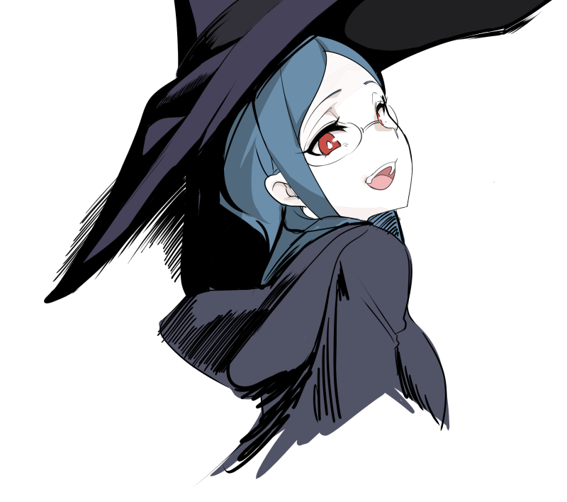 1girl, abstract, blue_hair, cropped_torso, eyebrows, from_side, glasses, hat