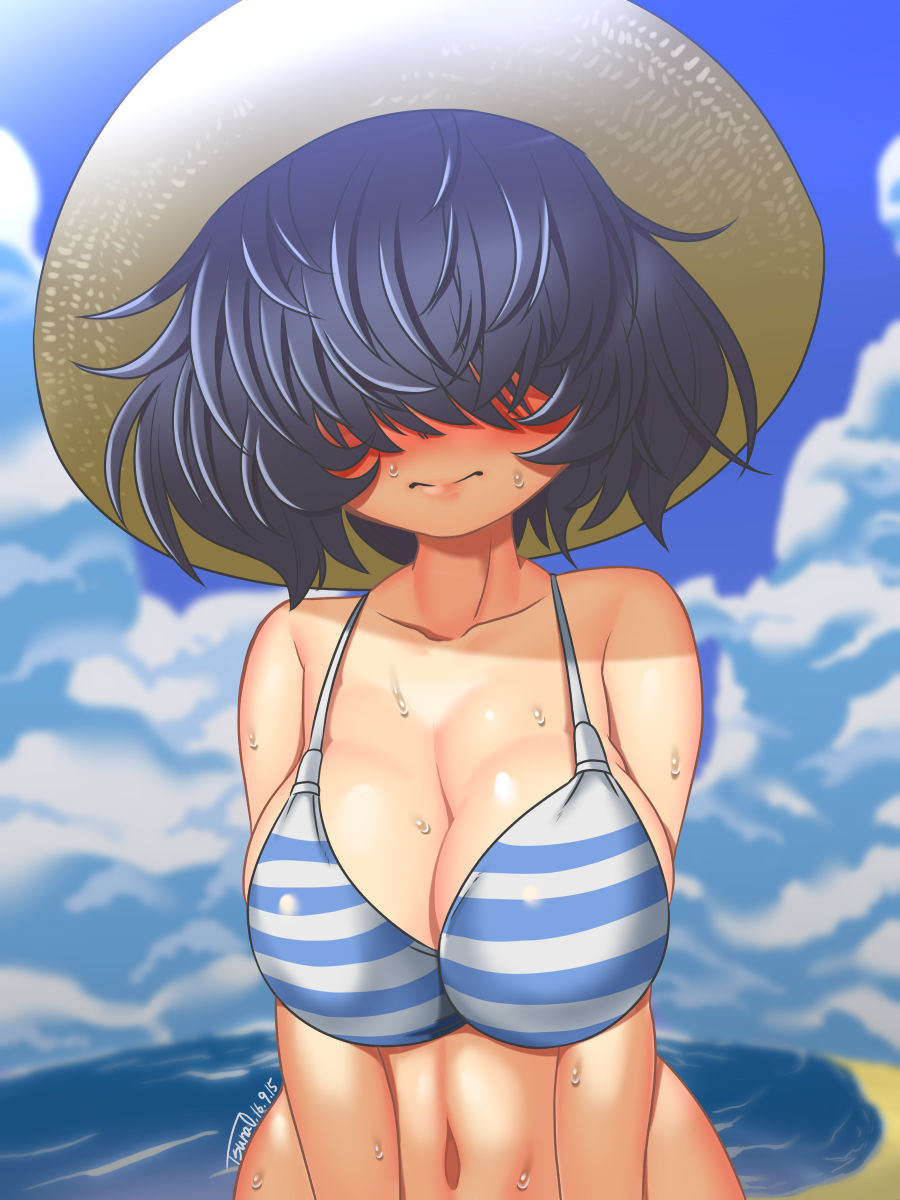 1girl, bikini, blue_stripes, breasts, dark_blue_hair, hair_over_eyes, hat, highres, huge_breasts, navel, original, solo, straw_hat, sun_hat, sweat, swimsuit, tsuna_(al_dente)