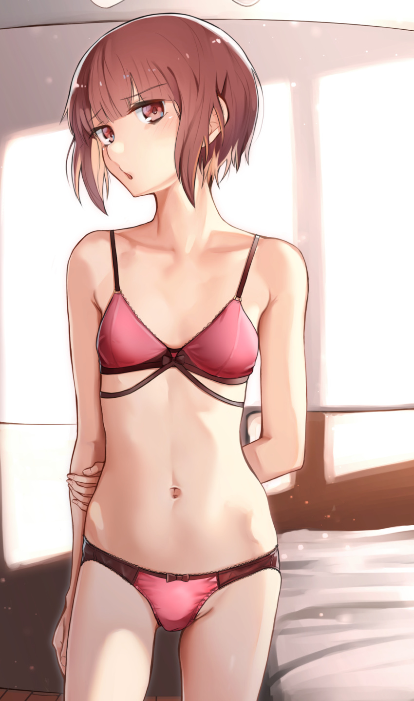 1girl, :o, bangs, bed, bed_sheet, blunt_bangs, blush, bra