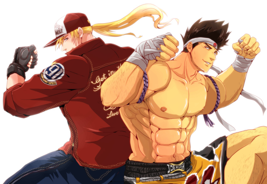 2boys, back-to-back, blonde_hair, brown_hair, fatal_fury, hair_up, hand_wraps, headband