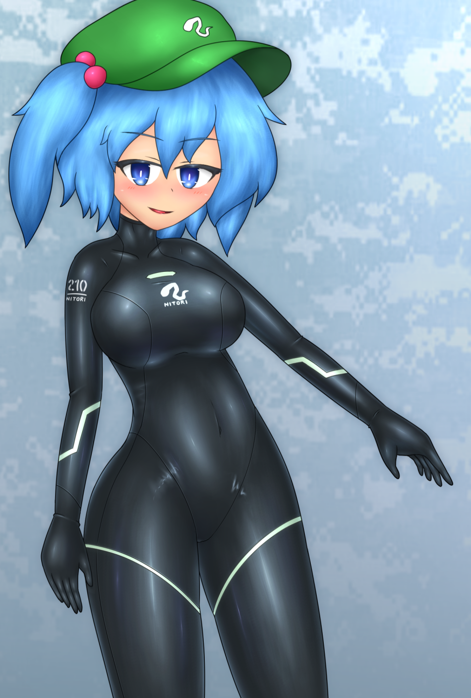 bangs, blue_eyes, blue_hair, bodysuit, breasts, covered_navel, diving_suit, flat_cap, green_headwear, hair_bobbles, hair_ornament, hat, highres, julian_semenov, kawashiro_nitori, large_breasts, latex, medium_hair, short_twintails, sidelocks, skin_tight, touhou, twintails, two_side_up, wetsuit