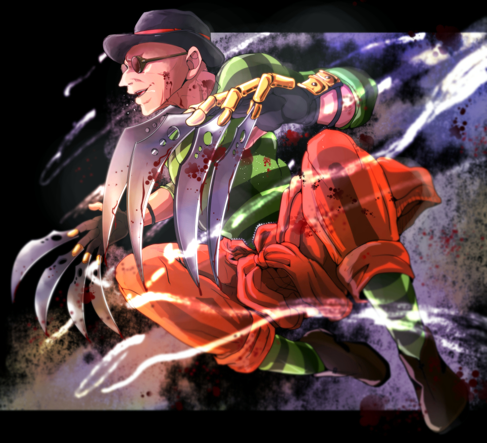 1boy, bald, blood, blood_on_face, choi_bounge, claw_(weapon), hat, jumping