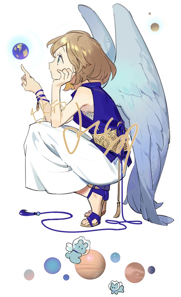 1girl, angel, blonde_hair, blouse, commentary, earth, green_eyes, iovebly