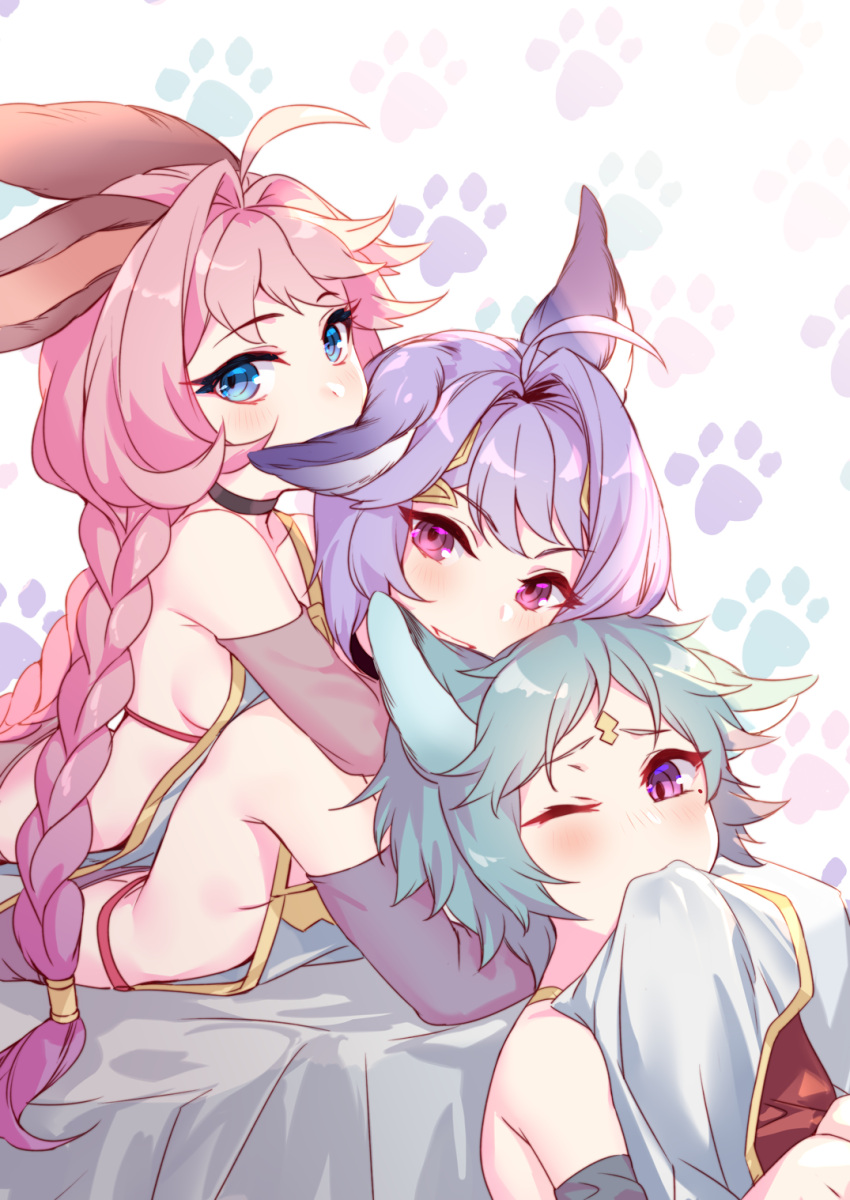 1girl, 2boys, ahoge, aki663, animal_ears, aqua_hair, bangs, blue_eyes