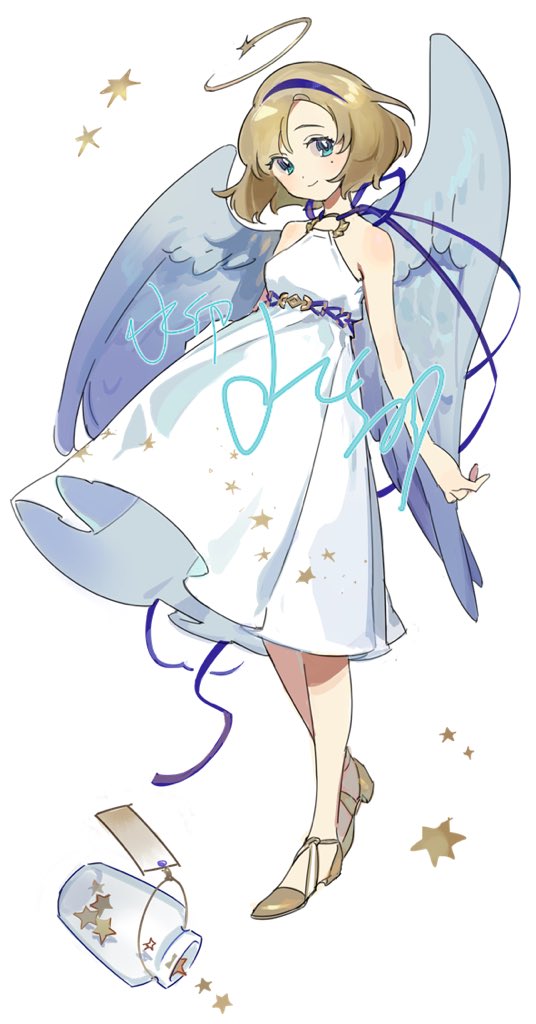 1girl, angel, bare_shoulders, blonde_hair, bottle, brown_footwear, commentary, dress, full_body, green_eyes, halo, iovebly, original, purple_headband, purple_ribbon, ribbon, short_hair, smile, solo, star, white_background, white_dress, wings