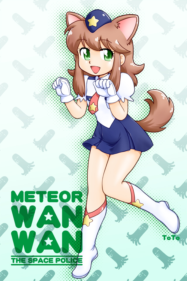 animal_ears, boots, copyright_name, dog, dog_ears, dog_girl, dog_tail, full_body, gloves, green_eyes, looking_at_viewer, meteor_(uchuu_keisatsu_meteor_wanwan), miniskirt, necktie, paw_pose, pleated_skirt, police, police_uniform, sidelocks, skirt, smile, tail, toto_(toto_6w), uchuu_keisatsu_meteor_wanwan, uniform, white_gloves