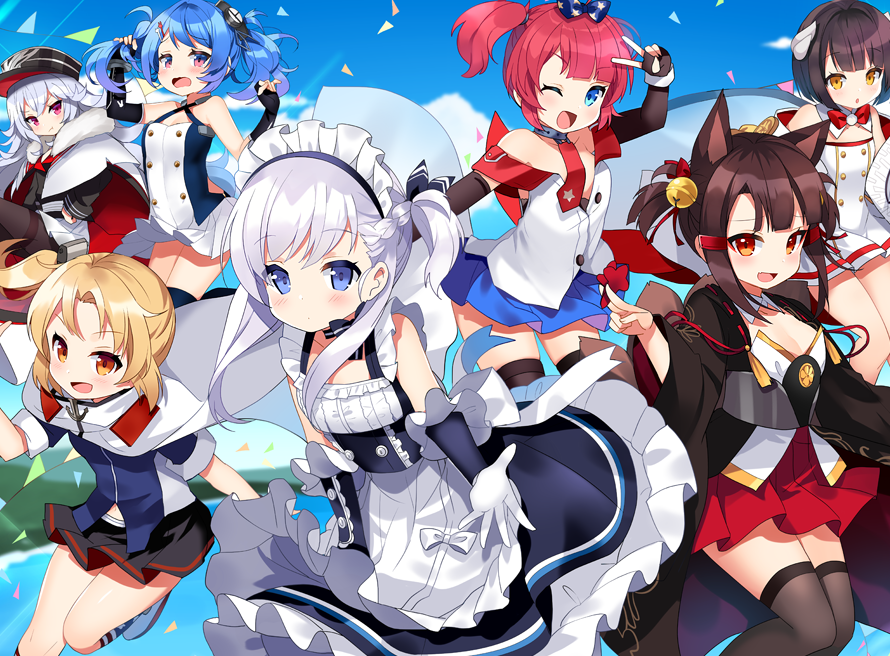 6+girls, :d, :t, akagi-chan_(azur_lane), animal_ears, anniversary, apron, arm_up