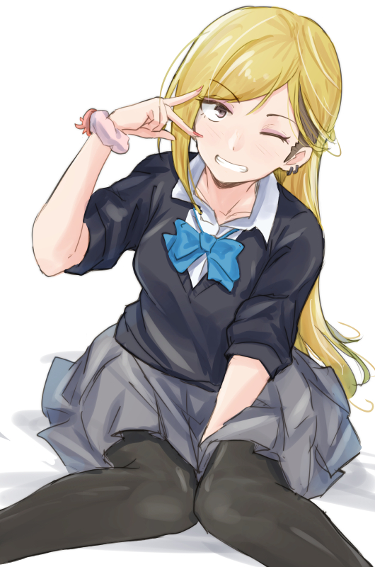 1girl, black-shirt, black_legwear, blonde_hair, blue_bow, bow, breasts, commentary_request