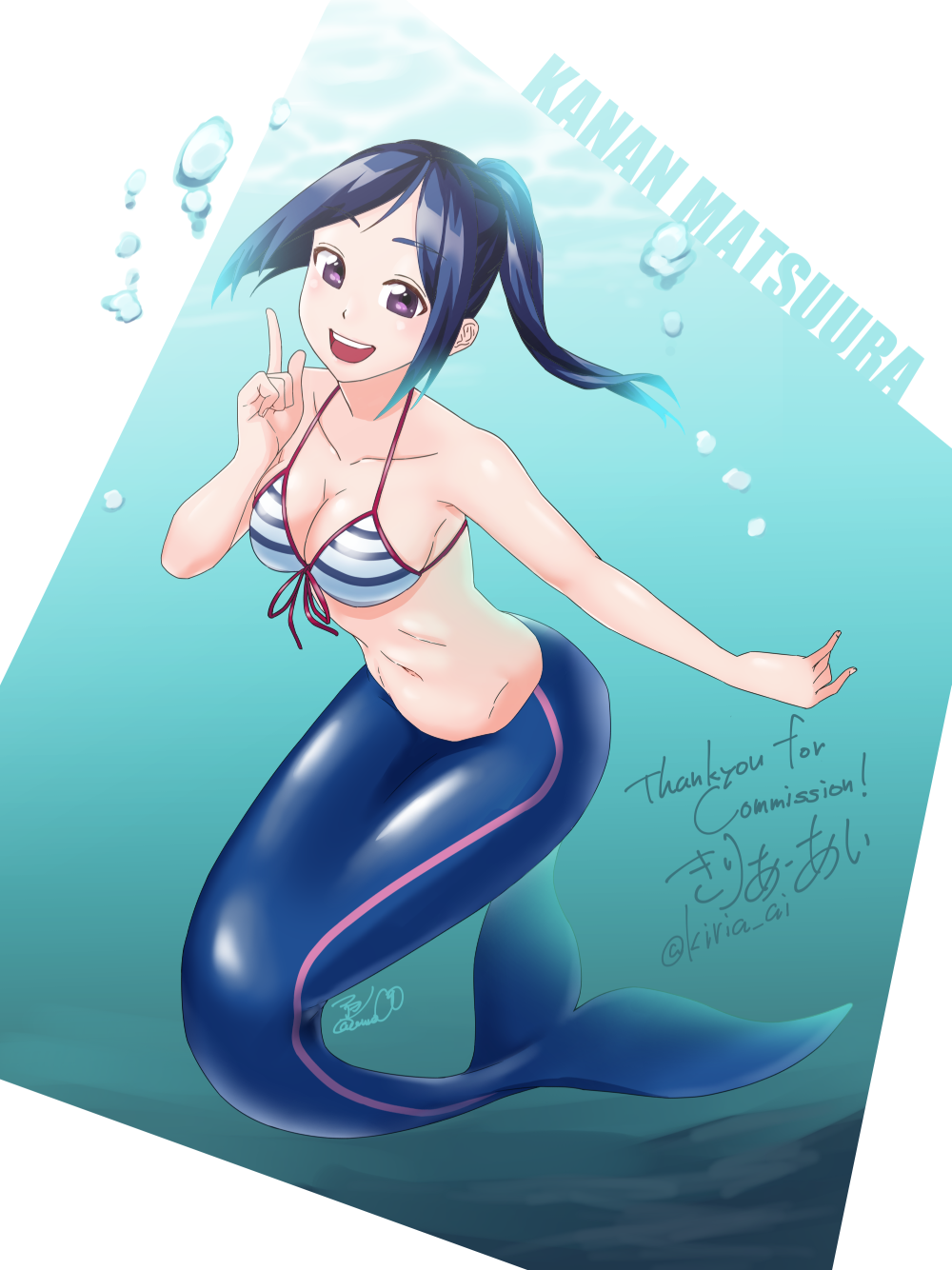 1girl, :d, air_bubble, artist_name, black_hair, blue_hair, breasts, bubble