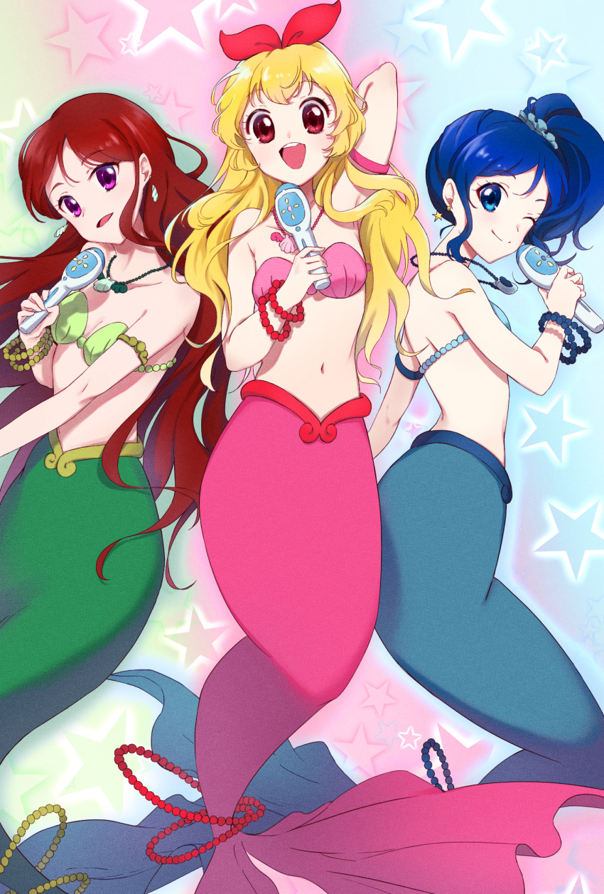 3girls, :d, aikatsu!, aikatsu!_(series), arm_up, armband, bead_anklet, bead_bracelet