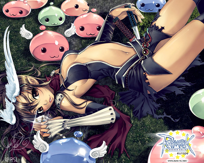 assassin_cross, black_hair, breasts, brown_eyes, dagger, drops, grass, head_wings