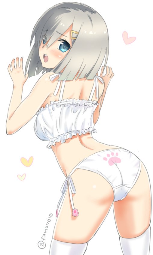 1girl, ass, blue_eyes, bra, breasts, cat_lingerie, frilled_bra, frills