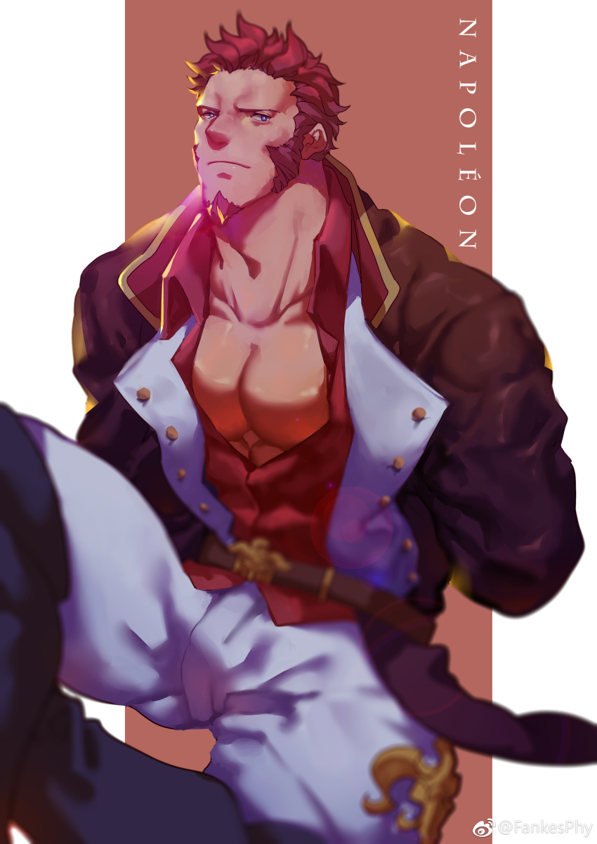 1boy, abs, absurdres, arms_behind_back, bara, beard, blue_eyes, boots