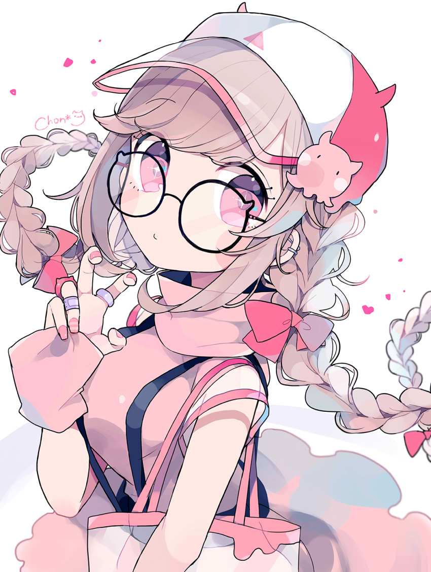 +_+, 1girl, bag, bandaid_on_finger, baseball_cap, black-framed_eyewear, blush_stickers, braid