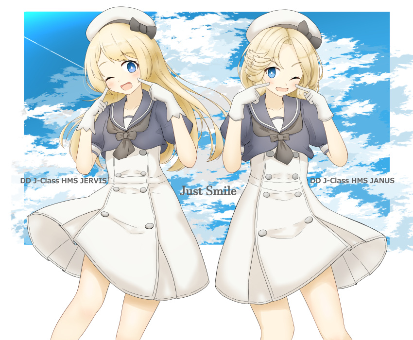 2girls, absurdres, blonde_hair, blue_eyes, blue_sailor_collar, blue_sky, character_name, clouds, commentary_request, condensation_trail, cowboy_shot, dress, gloves, hat, highres, index_finger_raised, janus_(kantai_collection), jervis_(kantai_collection), kantai_collection, kin-iro_mosaic, long_hair, looking_at_viewer, multiple_girls, sailor_collar, sailor_dress, sailor_hat, shonasan, short_hair, short_sleeves, sky, smile, symmetry, white_dress, white_gloves, white_headwear