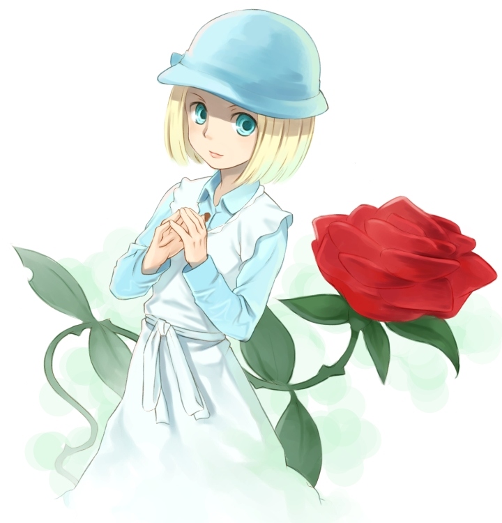 1girl, aqua_eyes, blonde_hair, bob_cut, bucket_hat, cloche_hat, dress, flower