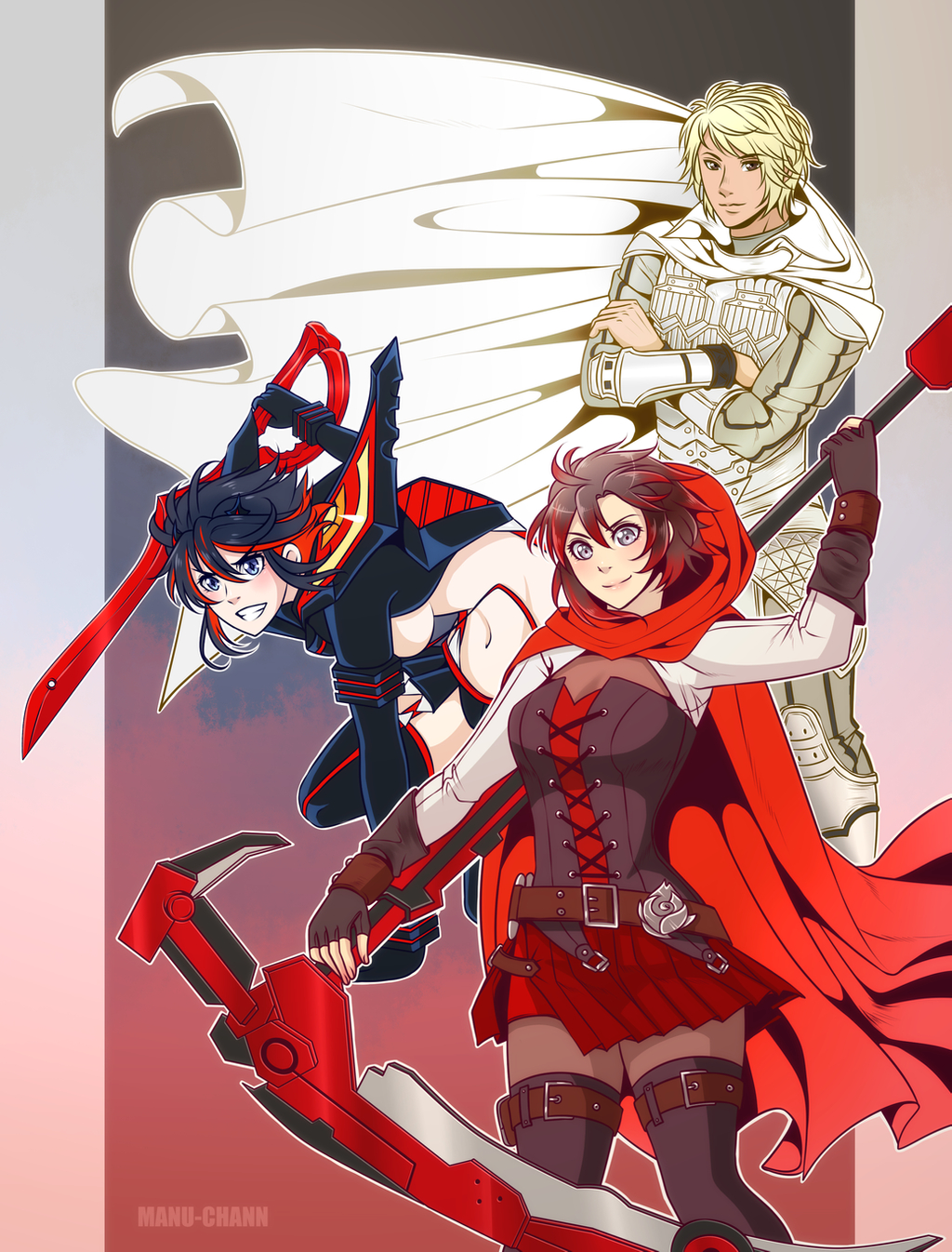 1boy, 2girls, armor, bandolier, belt, black_dress, black_eyes, black_footwear