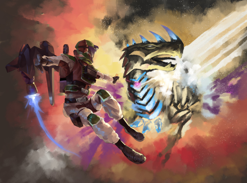 1boy, air_raider_(edf), commentary, earth_defense_force, erginus, explosion, flying, helmet