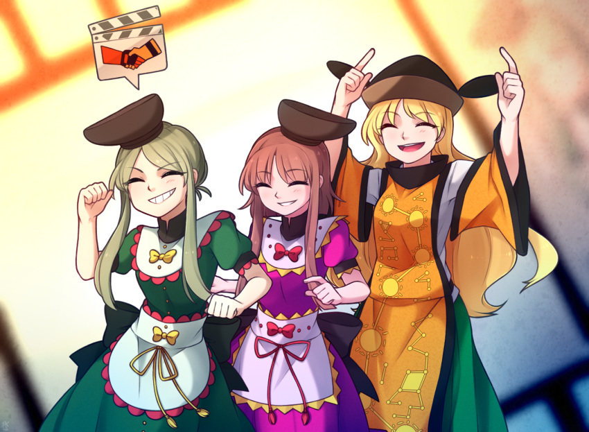 3girls, :d, ^_^, apron, blonde_hair, brown_hair, clenched_hand, closed_eyes