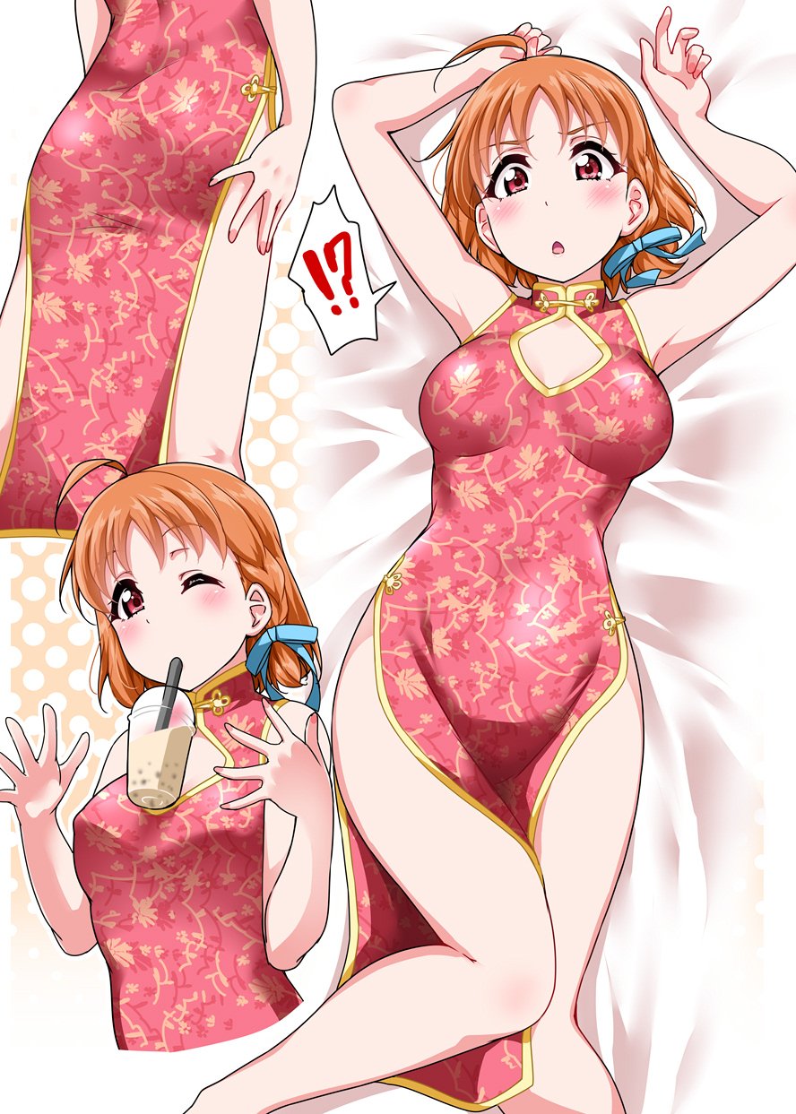 !?, 1girl, antenna_hair, armpits, arms_up, ass, bare_arms, bed_sheet, blue_ribbon, braid, breasts, china_dress, chinese_clothes, cleavage_cutout, dress, drink, drinking, drinking_straw, floral_print, hair_ribbon, highres, looking_at_viewer, love_live!, love_live!_sunshine!!, lying, medium_breasts, medium_hair, milk_tea, multiple_views, nail_polish, on_back, on_bed, orange_hair, polka_dot, polka_dot_background, red_dress, red_eyes, ribbon, side_braid, side_slit, sleeveless, sleeveless_dress, takami_chika, tawawa_challenge, yopparai_oni