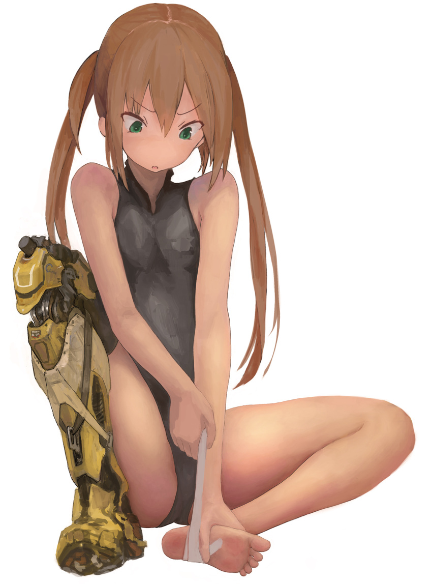 1girl, bandages, brown_hair, commentary, cyborg, green_eyes, highres, leotard