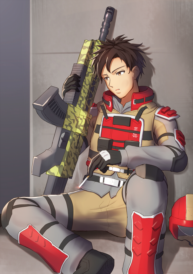 1boy, assault_rifle, brown_eyes, brown_hair, cigarette, earth_defense_force, gloves, gun, headwear_removed, helmet, helmet_removed, maku_ro, male_focus, military, military_uniform, ranger_(edf), rifle, short_hair, sitting, soldier, solo, uniform, weapon