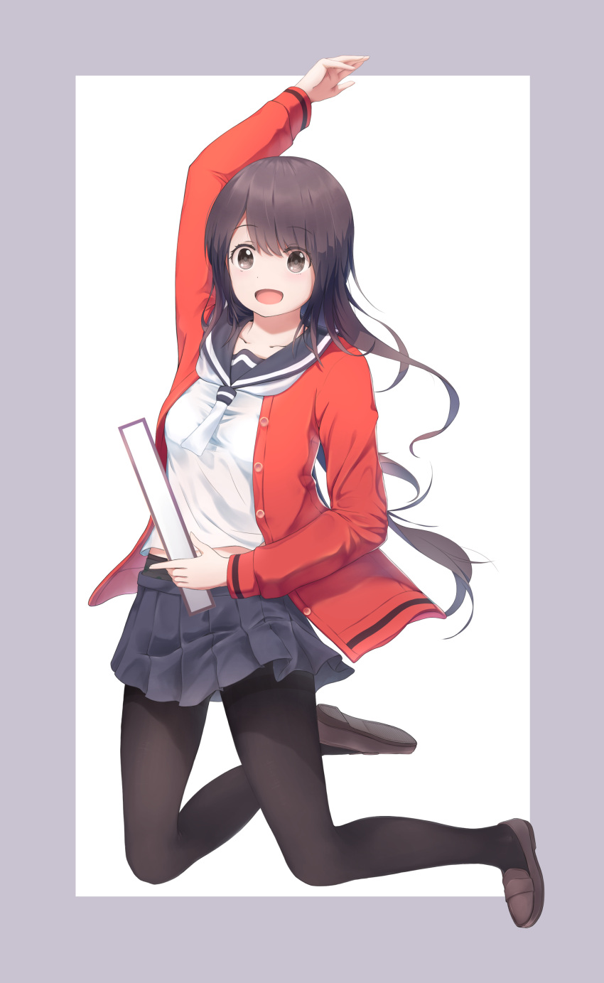 1girl, absurdres, arm_up, bangs, black_hair, black_legwear, black_skirt, brown_footwear