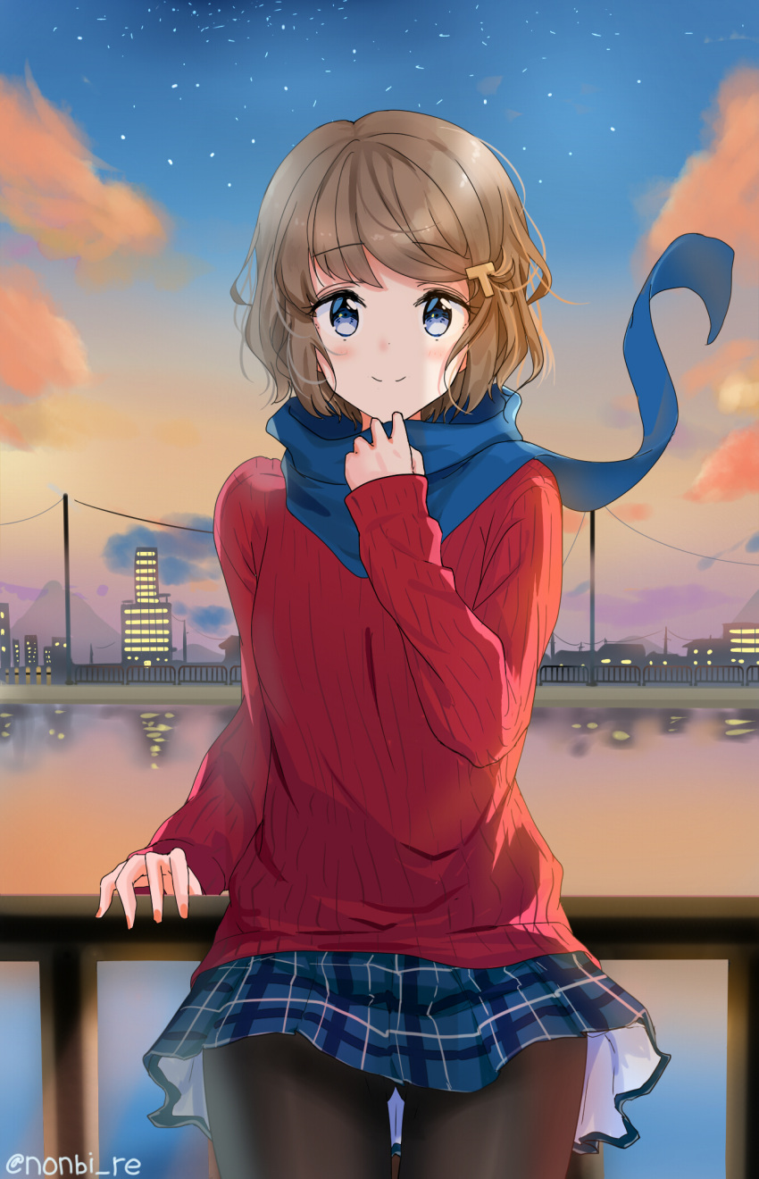 1girl, arrichee, black_legwear, blue_eyes, blue_scarf, blue_skirt, blush, brown_hair