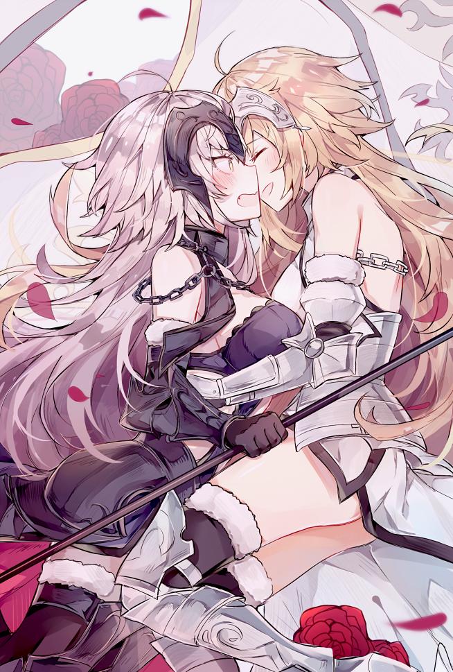 2girls, ahoge, armor, armored_dress, bangs, banner, blonde_hair, breasts, chain, closed_eyes, commentary, fate/grand_order, fate_(series), faulds, flag, flower, fur_trim, gauntlets, headpiece, hug, jeanne_d'arc_(alter)_(fate), jeanne_d'arc_(fate), jeanne_d'arc_(fate)_(all), kvlen, large_breasts, long_hair, lying, multiple_girls, on_side, open_mouth, plackart, rose, silver_hair, standard_bearer, thigh-highs, tsurime, yellow_eyes, yuri