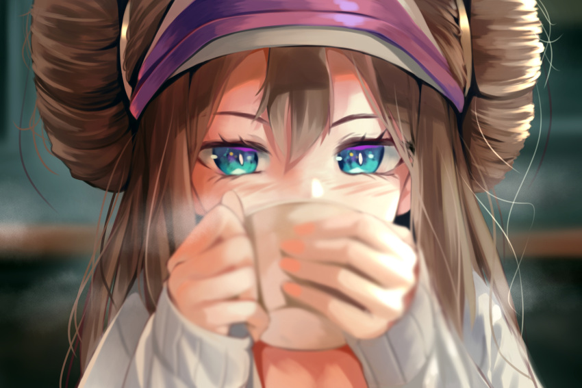 1girl, blue_eyes, blush, brown_hair, coffee_cup, commentary_request, cup, disposable_cup
