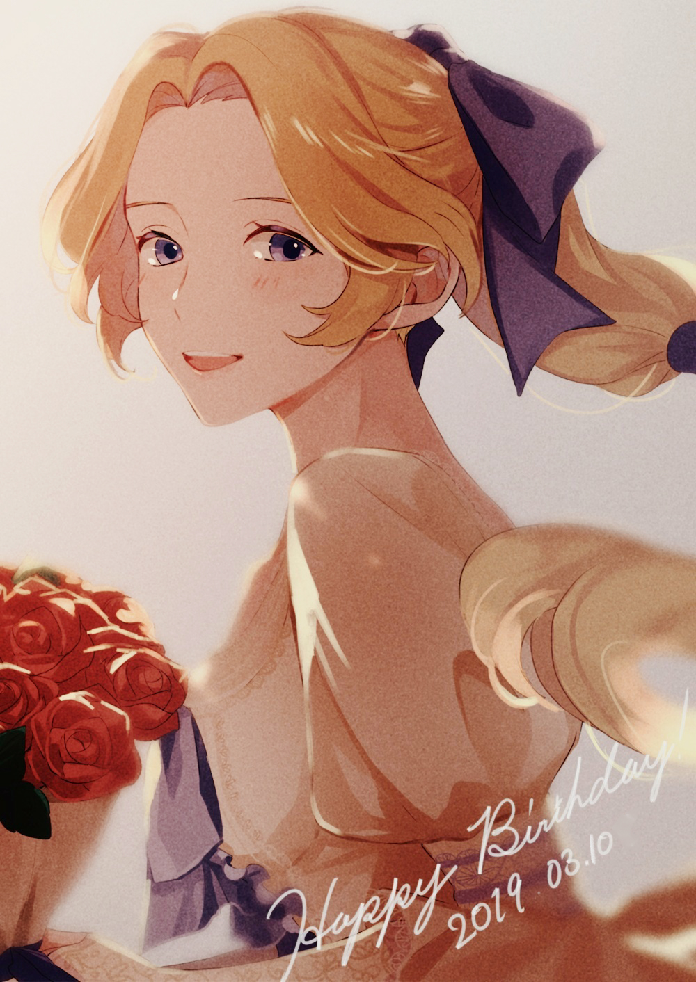 1girl, :d, blonde_hair, blush, bouquet, bow, celes_chere, dated