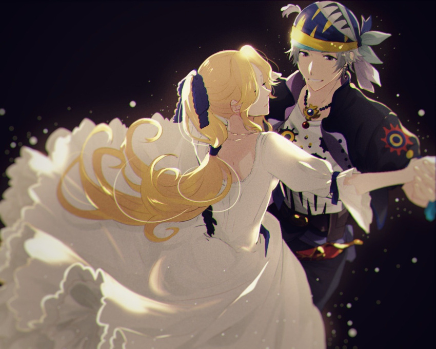 1boy, 1girl, bandana, black_jacket, black_pants, blonde_hair, bow, celes_chere