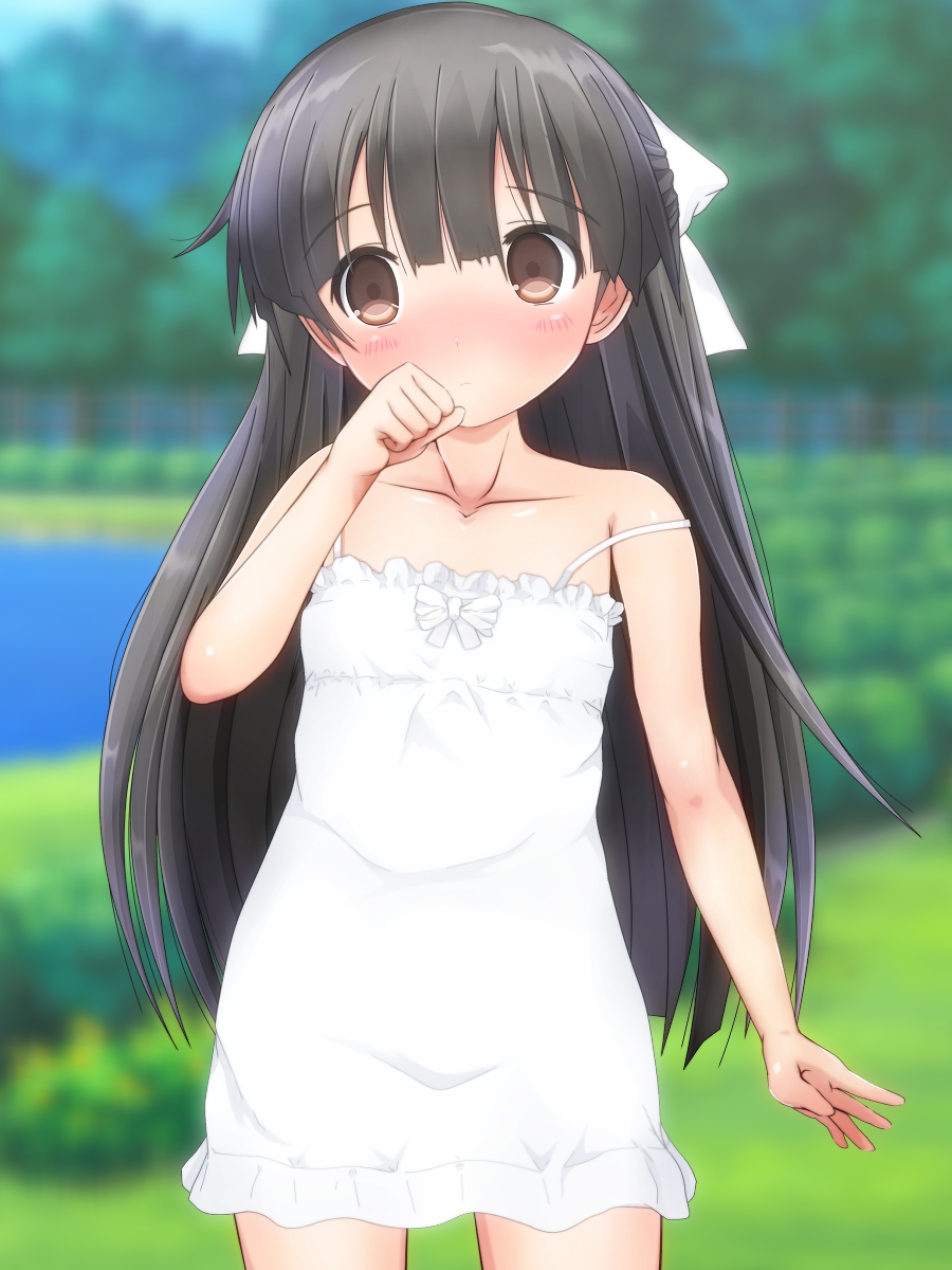 1girl, black_hair, blush, bow, commentary_request, damubomu, dress, hair_bow