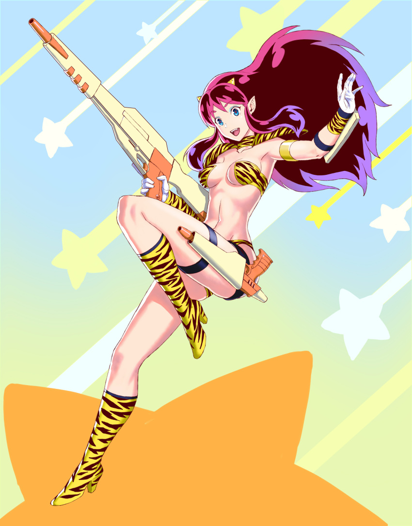 1girl, absurdres, animal_print, armband, big_hair, blue_eyes, boots, breasts