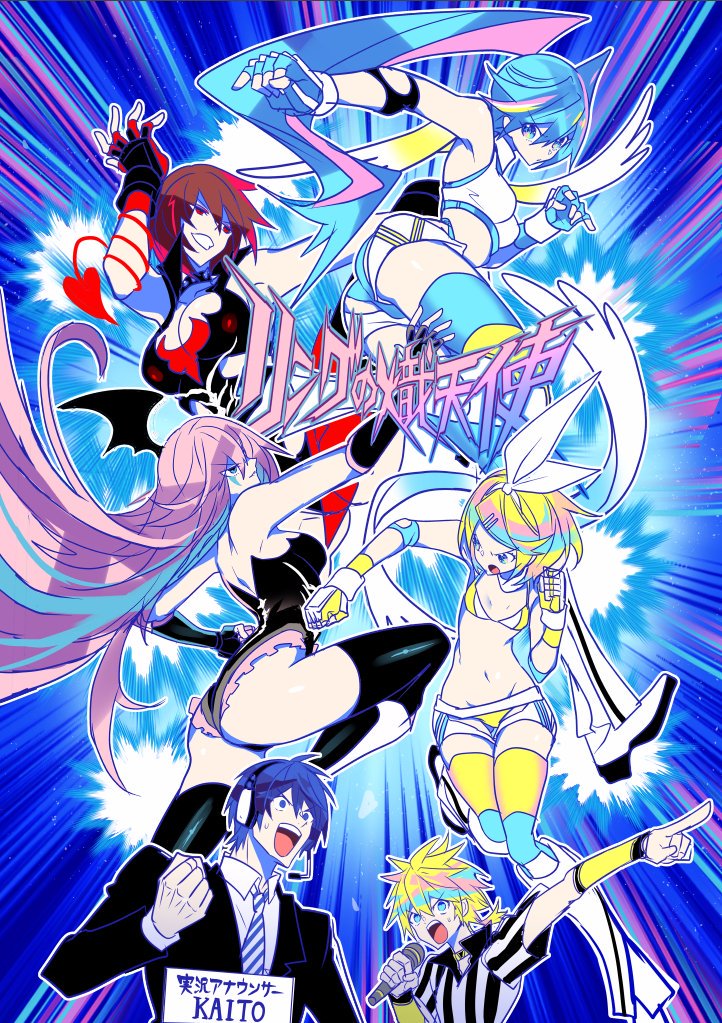 2boys, 4girls, announcer, aqua_hair, blonde_hair, blue_hair, brown_hair, fighting