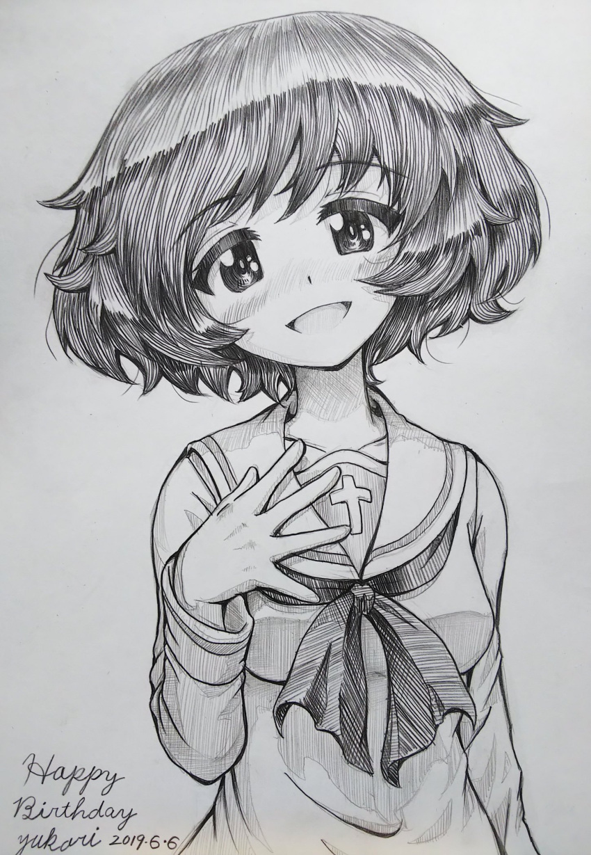 1girl, akiyama_yukari, bangs, blouse, character_name, commentary, cursive, dated