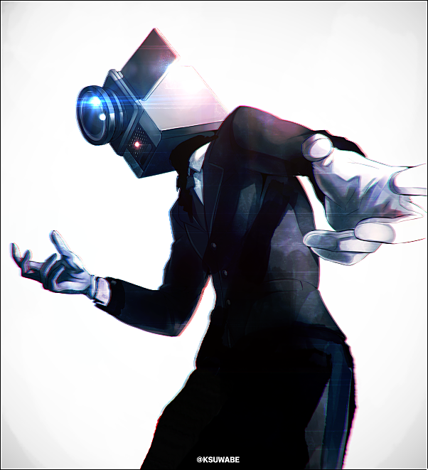 1boy, black_jacket, black_pants, camcorder, chromatic_aberration, commentary, cowboy_shot, formal